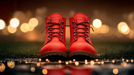 Rainy scene with red boots on grass and small puddles