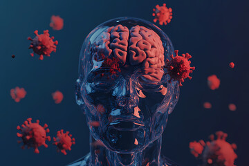 human head with a transparent brain and viruses in the air around it