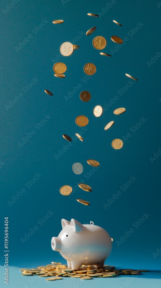 Poster golden coins are falling and accumulating into a white piggy bank on a seamless blue background, rep