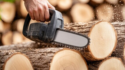 Electric chainsaw cuts wood for firewood, with water splashes visible and tree trunks stacked in the background during daylight hours