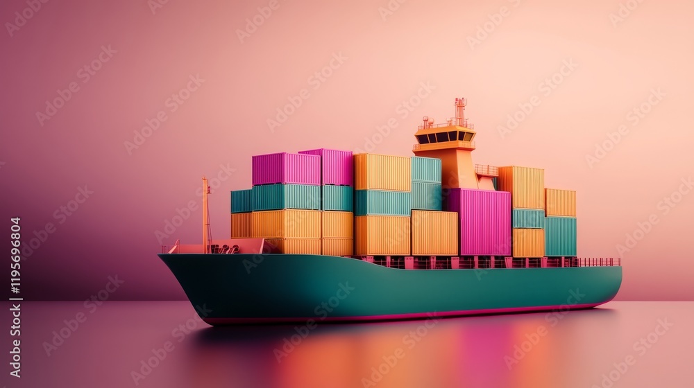 Poster a colorful container ship with stacked cargo boxes, set against a gradient backdrop, showcasing vibr