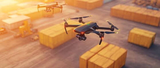 Two drones fly over a collection of shipping containers at sunset, showcasing advanced technology in a logistics environment.