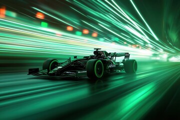 Formula 1 car speeding through city at night with green light trails