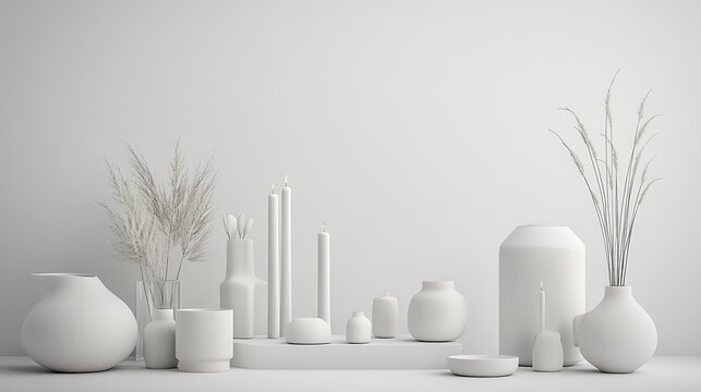 A minimalistic arrangement of home decor items displayed on a white background, creating a sense of simplicity and elegance
