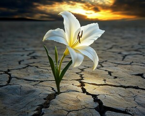 A solitary white lily blooms amidst cracked earth, symbolizing resilience and beauty in a harsh environment under a dramatic sunset.