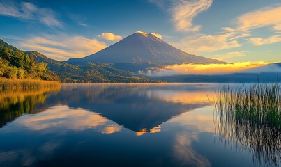 A panoramic shot of a volcanic peak reflecting in a serene lake