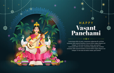 happy vasant panchami background with beautiful woman and indian ornament