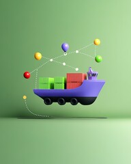 Obraz premium A colorful, stylized cargo ship with containers, floating against a green background, representing shipping and logistics in a playful manner.