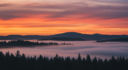 Fototapeta premium Breathtaking Sunrise Over Misty Mountain Forest