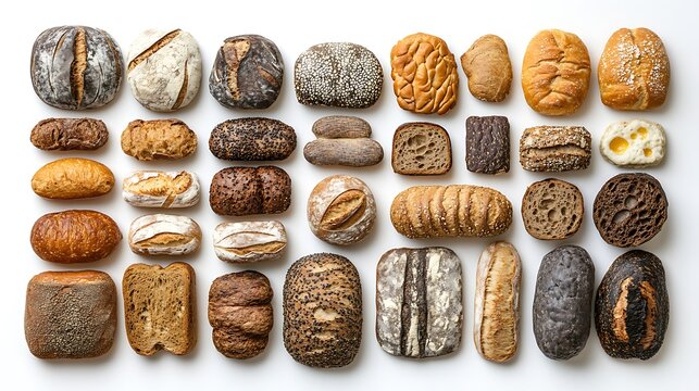 A collection of different types of bread arranged on a white background, highlighting their textures and crusts
