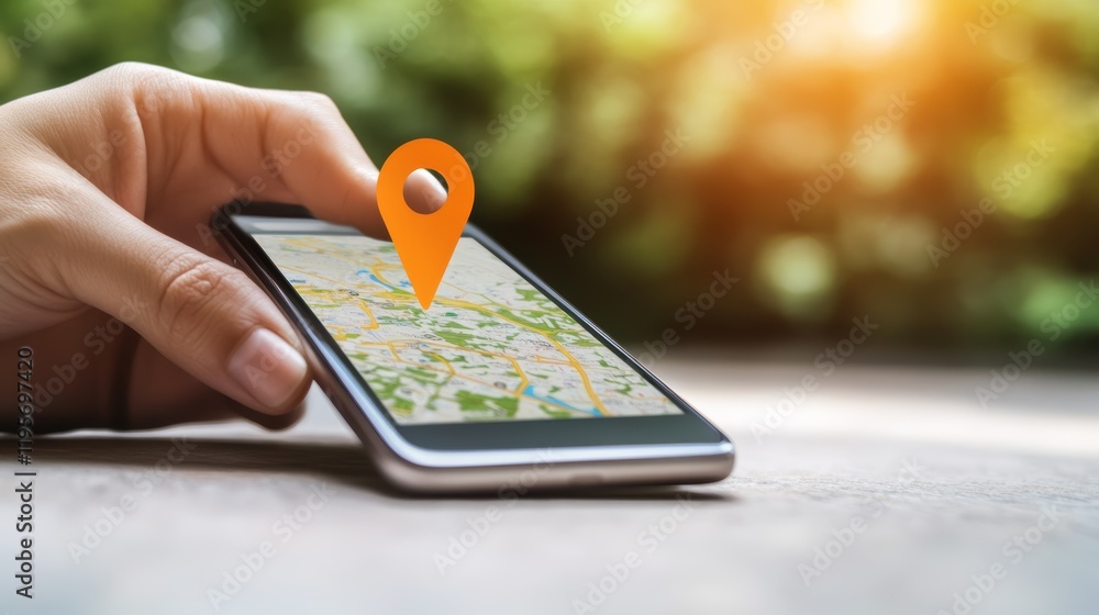 Aufkleber Woman holding a smartphone and using a navigation app to find her location outdoors, with an orange location pin hovering over the map displayed on the screen