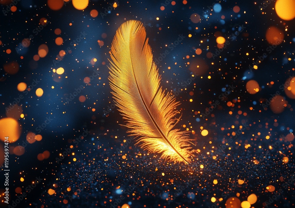 Aufkleber a luminous golden feather floats amidst a backdrop of shimmering particles, creating an enchanting a