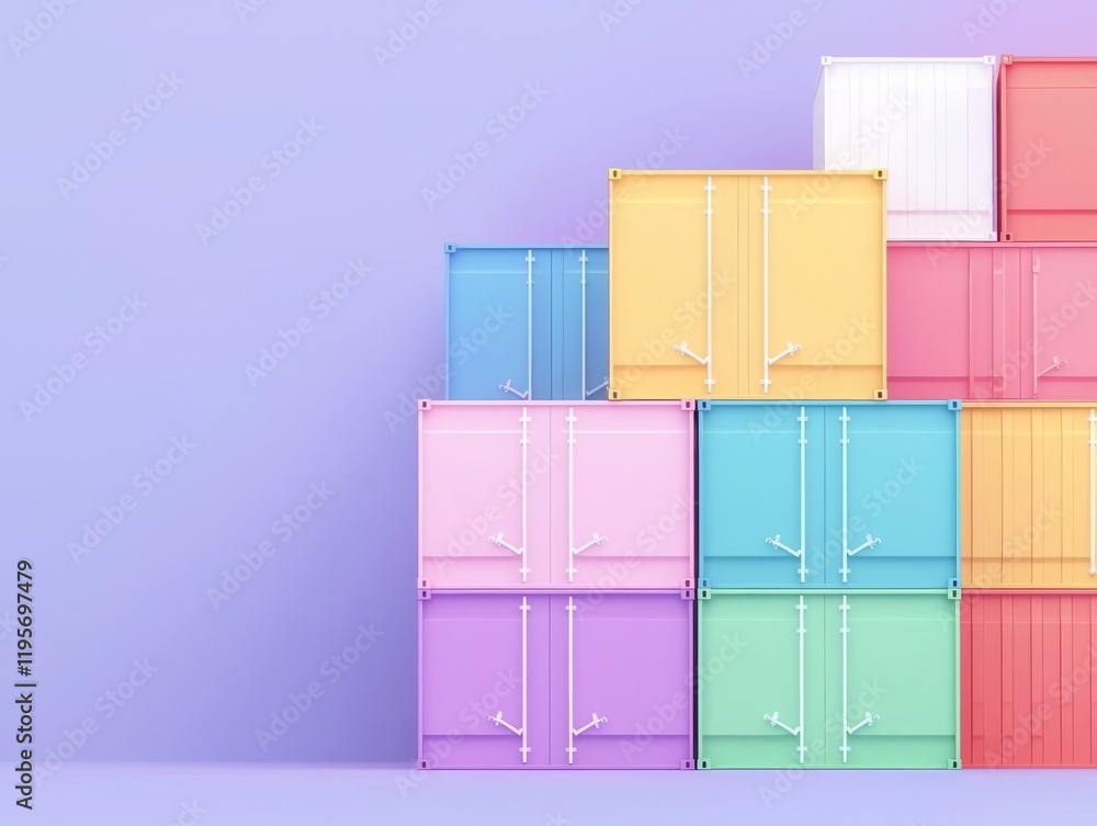 Poster a colorful arrangement of storage boxes stacked against a soft purple background, creating a vibrant