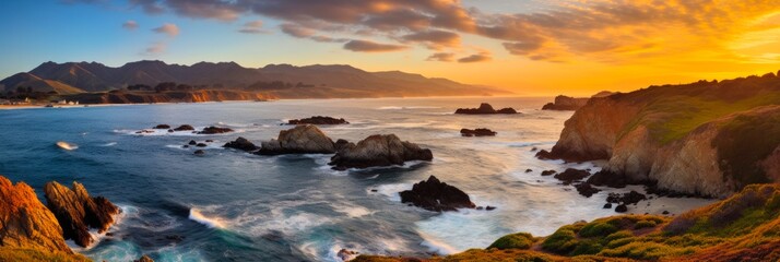 Obraz premium Golden Sunset Panorama: Big Sur Coastline in Monterey, California, USA - Pacific Sea Beach & Ocean Views