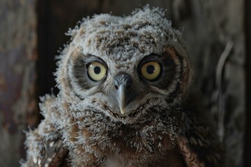 Obraz premium Closeup of a young great horned owlet with intense yellow eyes and fluffy brown feathers