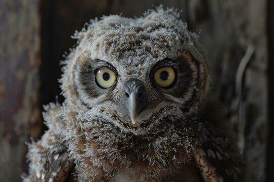 Closeup of a young great horned owlet with intense yellow eyes and fluffy brown feathers