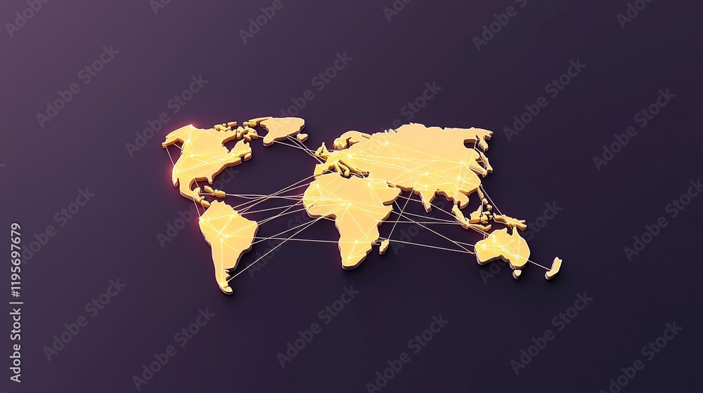 Poster a stylized gold world map on a dark background, depicting global connections with lines representing