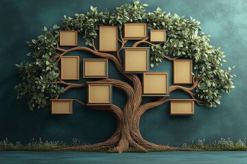 A wide strong family tree template with empty cells for user input text. Green background, simple blank cells