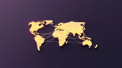 A stylized gold world map on a dark background, depicting global connections with lines representing network and communication.