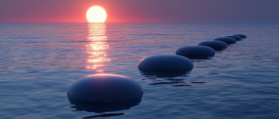 A tranquil sunset reflects on the ocean, with smooth, rounded stones aligning in the water, creating a serene pathway towards the horizon.