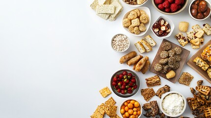A beautifully arranged flat lay of gourmet snacks on a white background, emphasizing their rich colors and textures