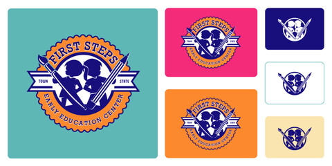 Logo for daycare or early learning center. First steps logotype for children education services