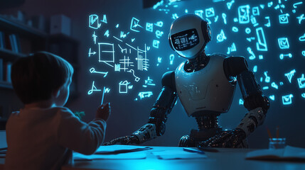 robot assistant helping a child with homework at a desk, projecting holographic math equations in the air