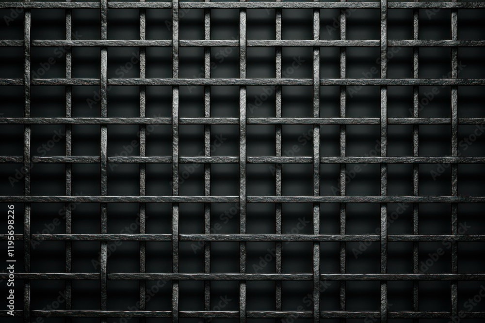 Poster intersecting metal bars form a grid against a dark backdrop, creating a sense of confinement or secu