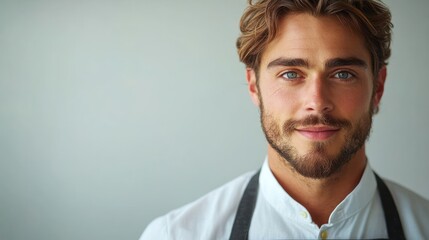 Portrait of a smiling young chef in a white shirt with an apron, set against a neutral background