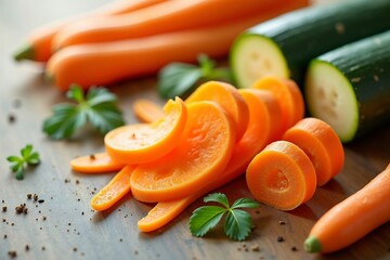 Capture vegetables like carrots, cucumbers, and zucchini sliced into spirals or unique shapes. Arrange them in an artistic composition on a flat surface, using soft light to emphasize textures and pat