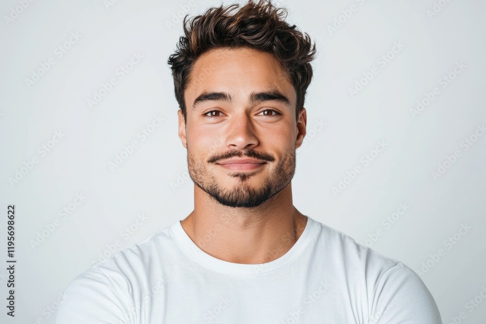 Poster man with a beard and mustache is smiling for the camera