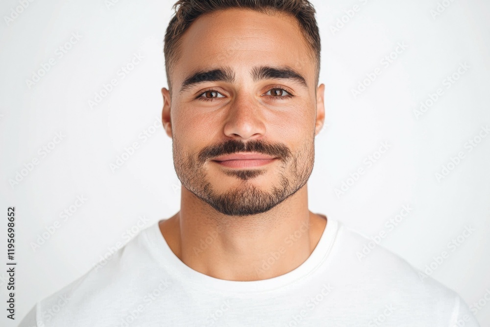 Poster man with a beard and mustache is smiling at the camera