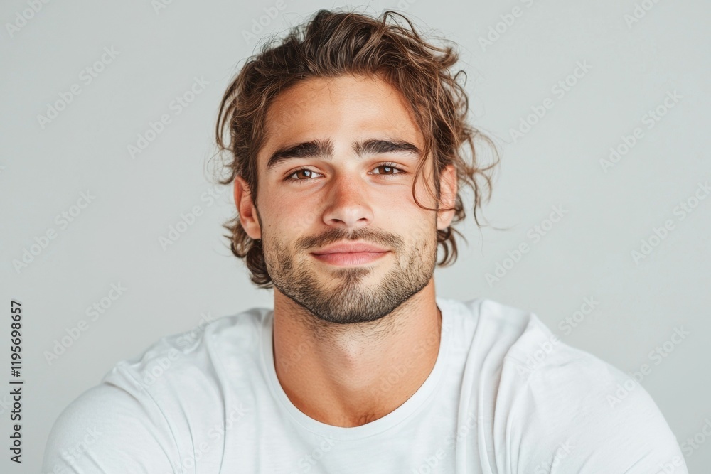 Poster man with a beard and a mustache is smiling at the camera