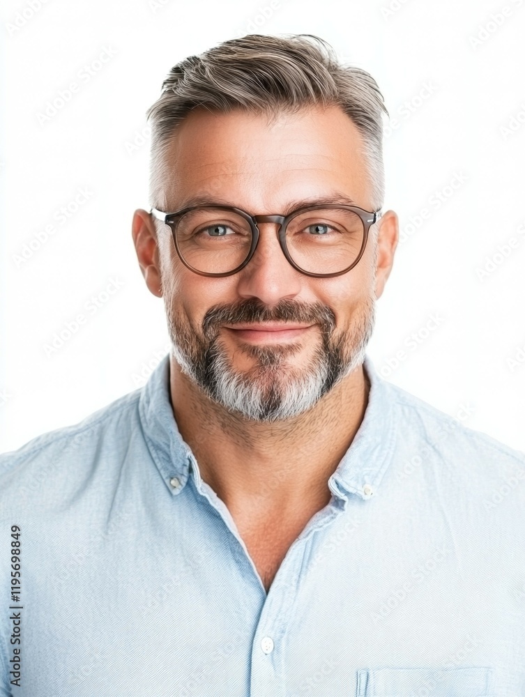 Poster man with glasses and a beard is smiling for the camera