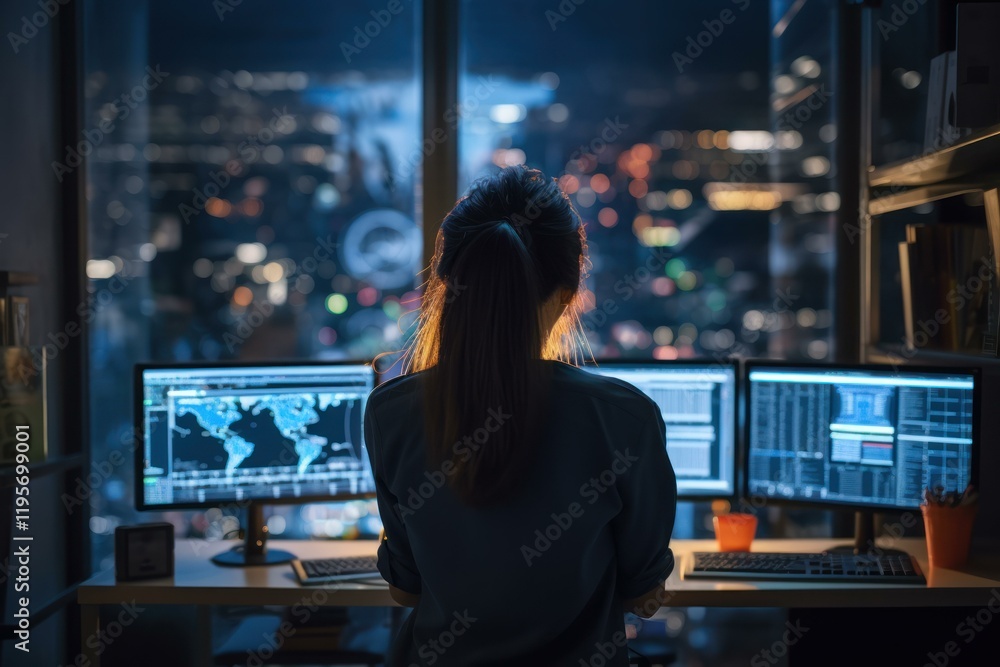 Poster female programmer analyzing data on multiple computer screens in dark office with illuminated city v