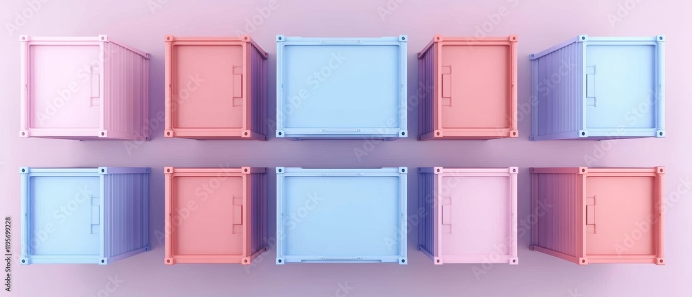 Poster a colorful arrangement of pink and blue containers stacked in a grid pattern against a soft backgrou