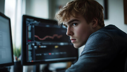 A side-view photo of a young man in his mid-20s sits and stares at the computer, looking intently into the camera as he parts ways with an online trading platform and walks away from it