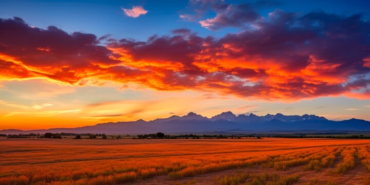 Majestic Colorado Eastern Plains Countryside: A Colourful Sunset with Majestic View of Pikes Peak and Vast Crop Fields in the Image