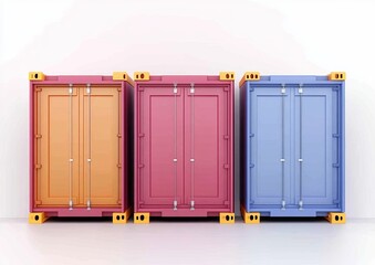 Three colorful shipping containers in orange, pink, and blue against a white background, showcasing modern storage solutions.