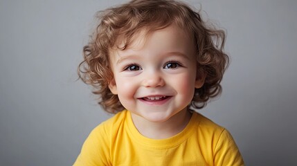 Naklejka premium Portrait of smiling baby with yellow t-shirt and curly hair on gray background