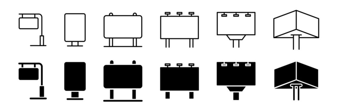 Billboard icon set. Advertising marketing symbols. Billboard, signboard outline icons. Vector