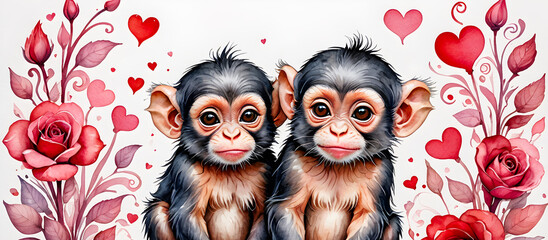 Obraz premium portrait of two cute cartoon monkeys. illustration of monkeys on a floral background with hearts
