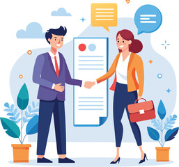 Fototapeta premium People shaking hands at work - Two businesspeople, man and woman doing handshake in office at work while smiling over business agreement and deal. Flat design stock illustration on white background