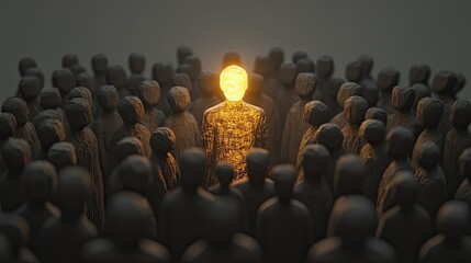 Fototapeta premium Glowing wooden figure stands out in dark crowd: concept of uniqueness