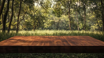 Fototapeta premium Wooden Tabletop in a Lush Green Forest Serene Nature Scene
