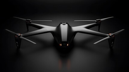 A sleek drone model with its propellers extended placed on a black background with light highlighting its design