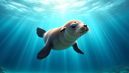 Fototapeta premium Seal swimming in ocean with sunlight beams