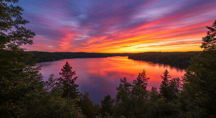 Stunning Sunset over Calm Lake, Vibrant Colors Reflecting on Water