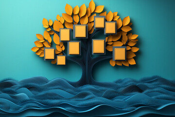 3d genealogical family tree template with yellow and orange autumn leaves and blank empty cells on blue background, personal history, ancestry, heritage