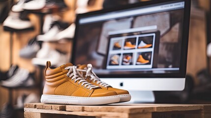 Sneakers are displayed on a shop counter with a computer in the background showing an online store selling the same shoes